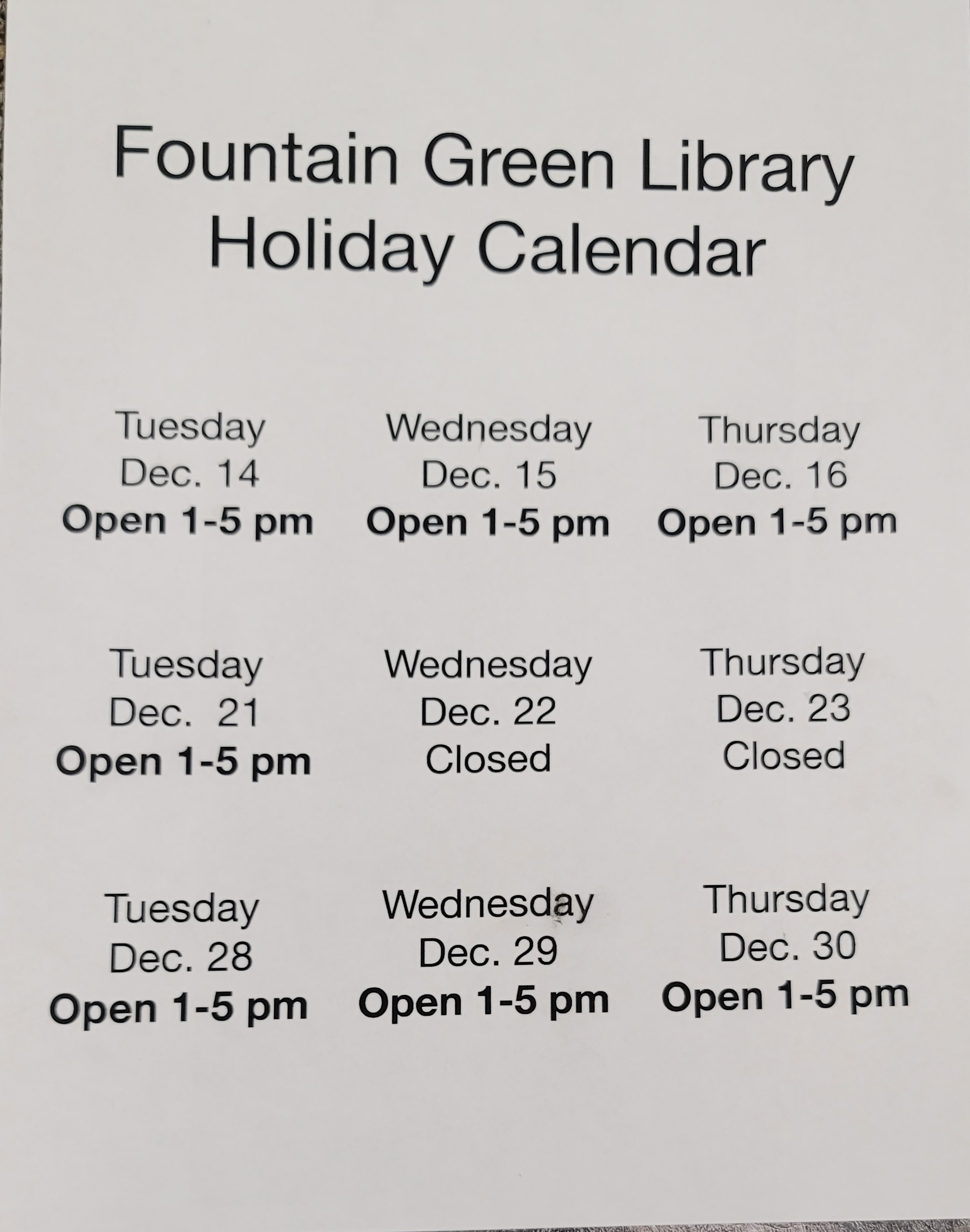 Fountain Green Library Holiday Calendar Fountain Green City