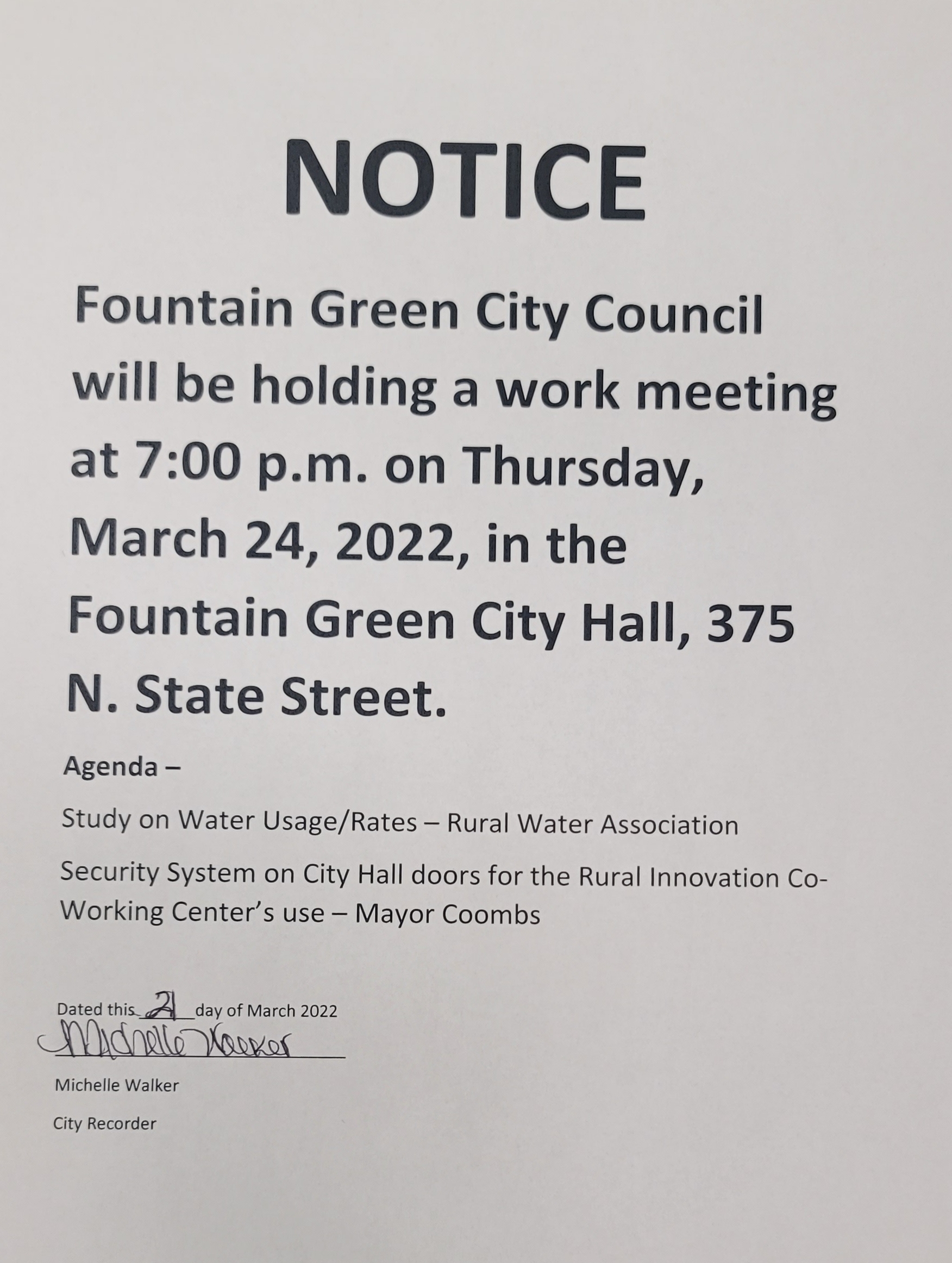 Notice: Fountain Green City Council work meeting. | Fountain Green City