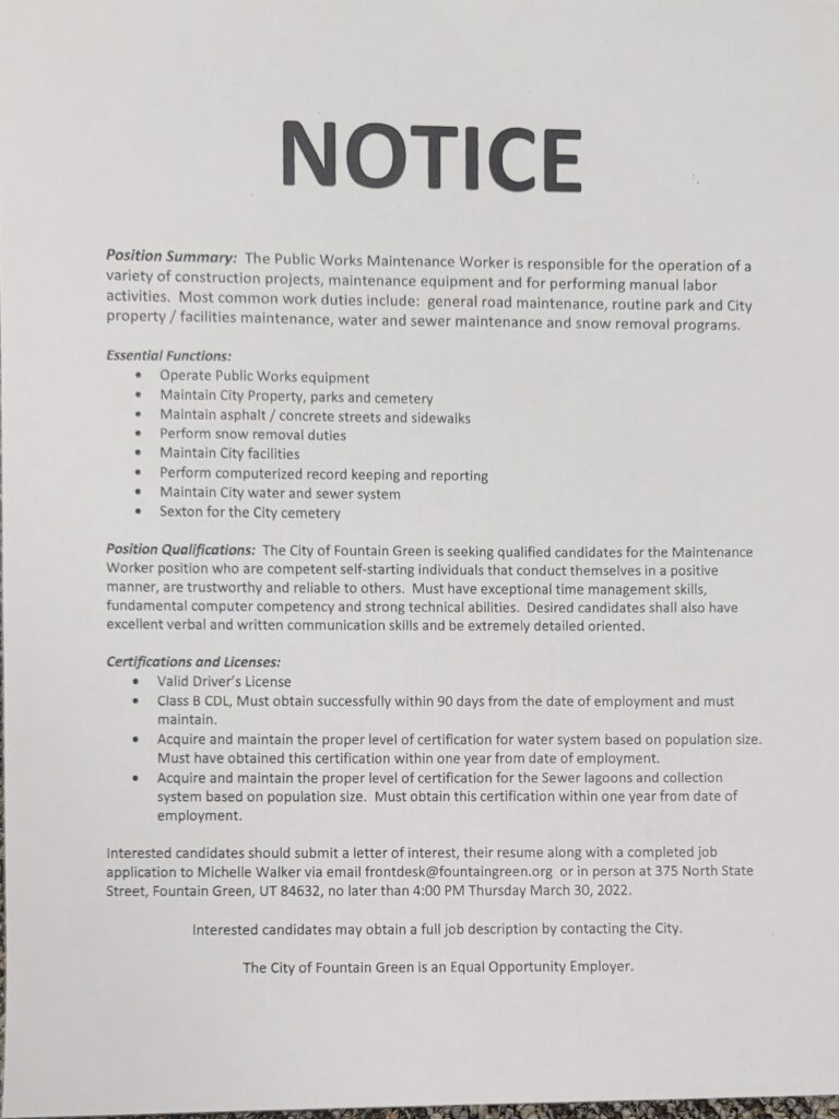 NOTICE FOR PUBLIC WORKS MAINTENANCE WORKER. $18 – $25 an hour depending ...