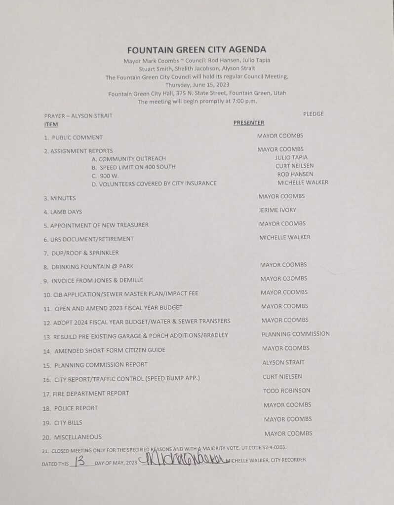 FOUNTAIN GREEN CITY AGENDA JUNE 2023