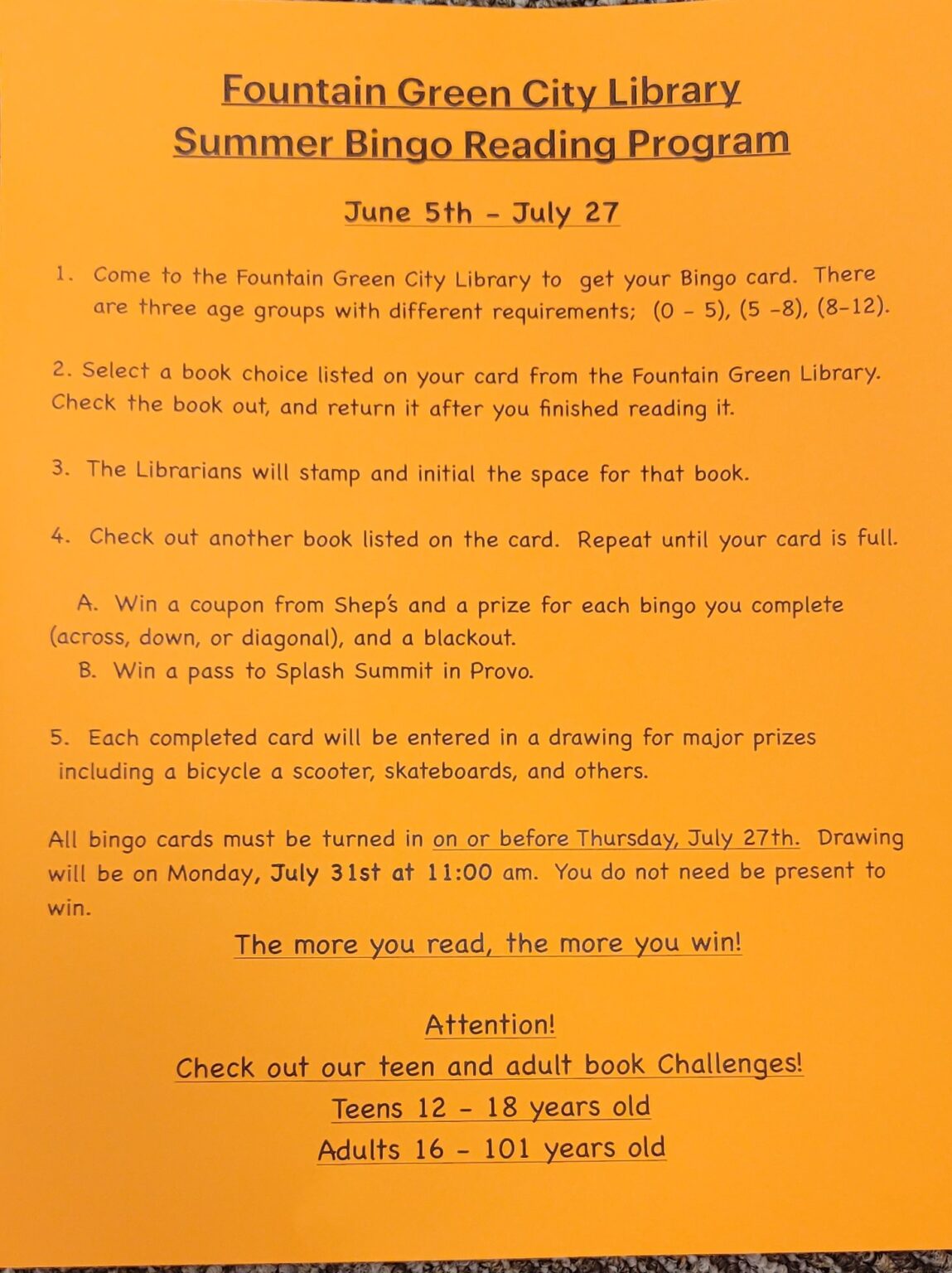 SUMMER BINGO READING PROGRAM